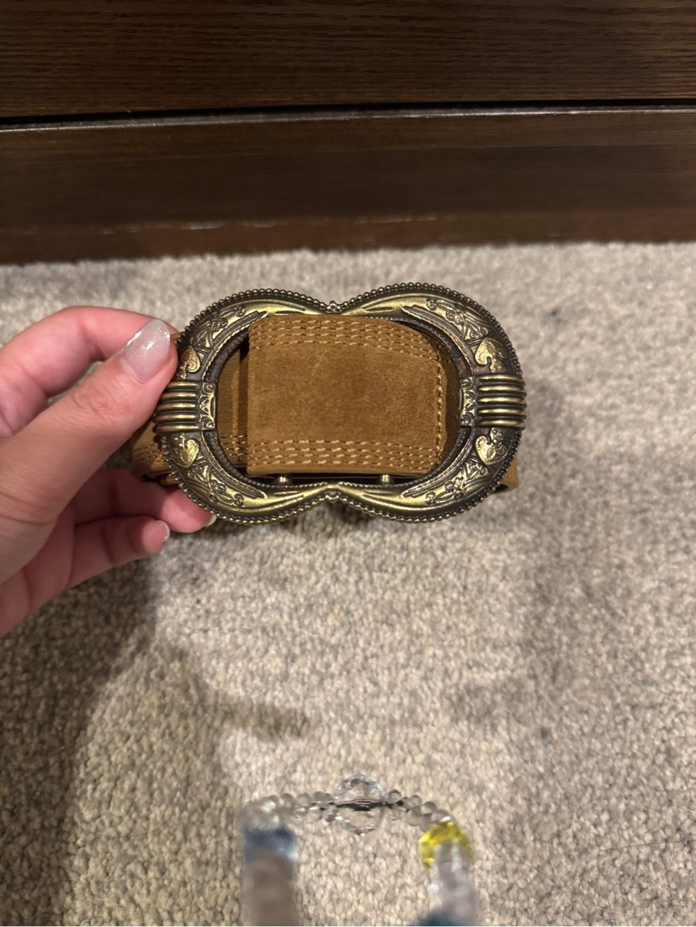Sézane Suede Belt with Ornate Brass Buckle - Brown